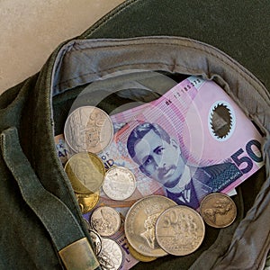 New Zealand dollars and coins as donations in a cap.