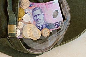 New Zealand dollars and coins as donations in a cap.