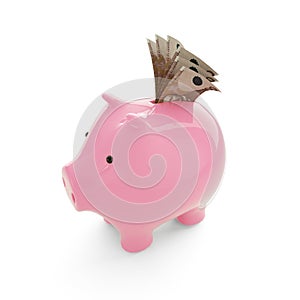 New Zealand dollars inside pink Piggy Bank, money in piggy bank, savings concept, 3d rendering