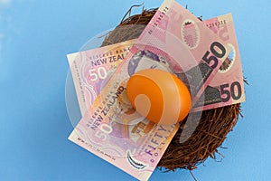 New Zealand fifty dollar notes and a golden egg in a bird`s nest.