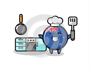 New zealand flag badge character illustration as a chef is cooking
