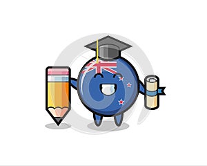 New zealand flag badge illustration cartoon is graduation with a giant pencil