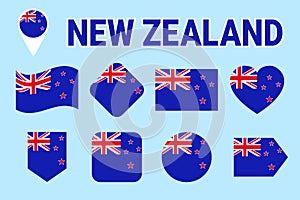 New Zealand flag collection. Vector flat isolated icons with state name. Traditional colors. New Zealand`s flags set. Web, sports