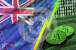 New Zealand flag and cryptocurrency growing trend with two bitcoins on dollar bills and binary code display