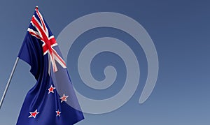 New Zealand flag on flagpole on blue background. Place for text. The flag is unfurling in wind. Wellington. Oceania. 3D