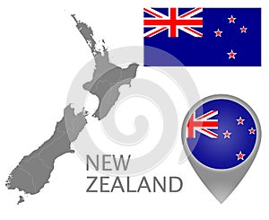 New Zealand flag, map pointer and map with the administrative divisions