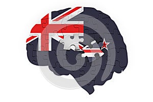 New Zealand flag painted on the brain from puzzles. Scientific research and education in New Zealand concept, 3D rendering