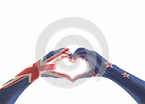 New Zealand flag on people heart shaped hands isolated on white background clipping path for NZ national public holiday