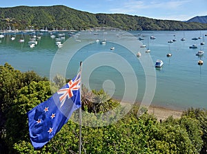 New Zealand Flag Proudly Fluttering in Marlborough Sounds