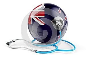 New Zealand  flag with stethoscope. Health care in New Zealand  concept, 3D rendering