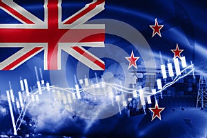 New Zealand flag, stock market, exchange economy and Trade, oil production, container ship in export and import business and