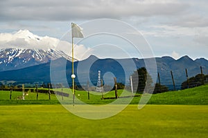 New Zealand Golf Course hole with Mountain in distance