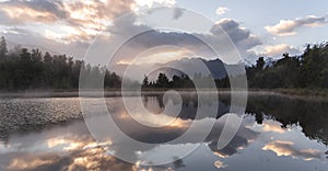 New Zealand lake view refection with morning sunrise sky