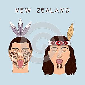 New Zealand Maori tribe a man and a woman. Traditional tattoos ta moko and hats, feathers. Militant grmasy on their