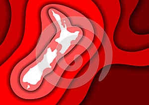 New Zealand map abstract schematic from red layers paper cut 3D waves and shadows one over the other. Layout for banner, poster,