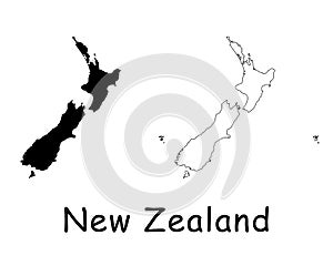 New Zealand Country Map. Black silhouette and outline isolated on white background. EPS Vector