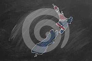 New Zealand. Map with flag, hand drawn chalk illustration