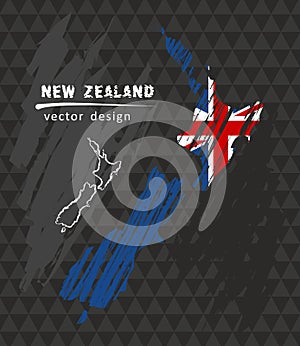New Zealand map with flag inside on the black background. Chalk sketch vector illustration