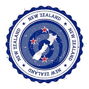 New Zealand map and flag in vintage rubber stamp.