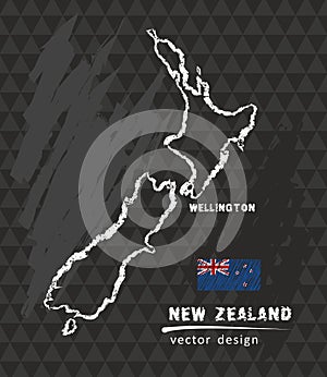 New Zealand map, vector pen drawing on black background