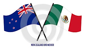 New Zealand and Mexico Flags Crossed And Waving Flat Style. Official Proportion. Correct Colors