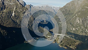 New Zealand. Milford Sound (Piopiotahi) from above - the head of the fiord, Cleddau River and Milford Sound