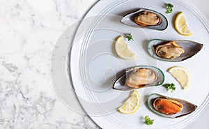 New Zealand Mussels with slices lemon and parsley, on white dish and white marble table