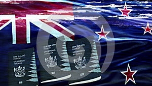 New Zealand Passport and New Zealand Flag. 3D 4K Video Composition