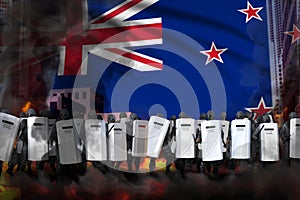 New Zealand protest fighting concept, police guards on city street are protecting country against mutiny - military 3D