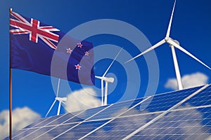 New Zealand renewable energy, wind and solar energy concept with windmills and solar panels - renewable energy - industrial