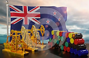 The New Zealand's petroleum market. Oil pump made of gold and barrels of metal. The concept of oil production.