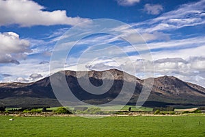 New Zealand scenery mountains and green grass field