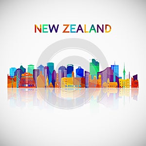 New Zealand skyline silhouette in colorful geometric style.