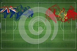 New Zealand vs Montenegro Soccer Match, national colors, national flags, soccer field, football game, Copy space