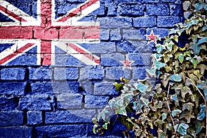 New Zeland grunge flag on brick wall with ivy plant