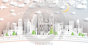 Newark New Jersey. Winter City Skyline in Paper Cut Style with Snowflakes, Moon and Neon Garland. Christmas and New Year Concept.