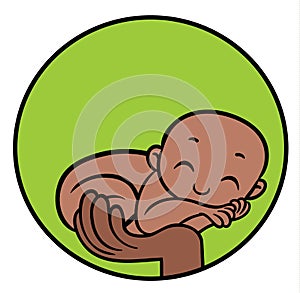 Newborn afro ebony baby lying on hand of parent