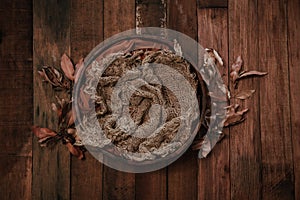 Newborn autumn background - wooden bowl with fall leaves and cream pumpkins on dark wooden planks backdrop