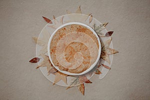 Newborn autumn photography backdrop - white bowl on neutral beige and brown background with fall leaves and yellow center layer