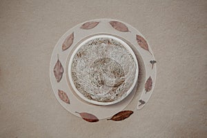 Newborn autumn photography backdrop - white bowl on neutral beige and brown background with fall leaves and yellow center layer photo