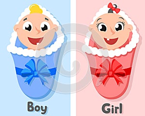 Newborn babies boy and girl in diapers with blue and red bow