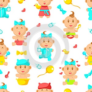 Newborn Babies Seamless Pattern, Cute Baby Shower Background Vector Illustration