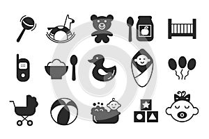 Newborn Baby Accessories, Goods Glyph Icons Set.