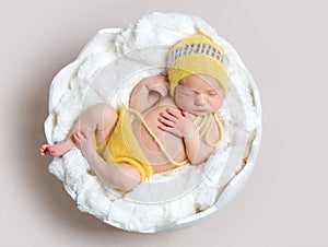 Newborn baby asleeps in basket