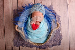 Newborn baby in the basket, baby boy, little boy