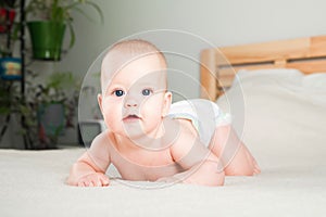 Newborn baby on the bed close-up and copy space. Funny baby in a diaper at home in the bedroom.