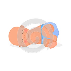 Newborn baby in blue diaper sleeping, happy infant kid lying