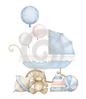 Newborn Baby Boy composition with Pram and kid Toys in pastel blue and beige colors. Watercolor illustration for child