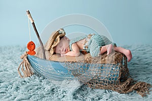 Newborn Baby Boy in Fisherman Outfit