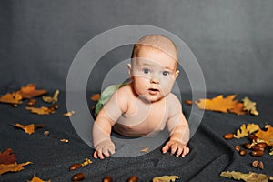 Newborn baby boy lies on autumn background with maple leaves and acorn